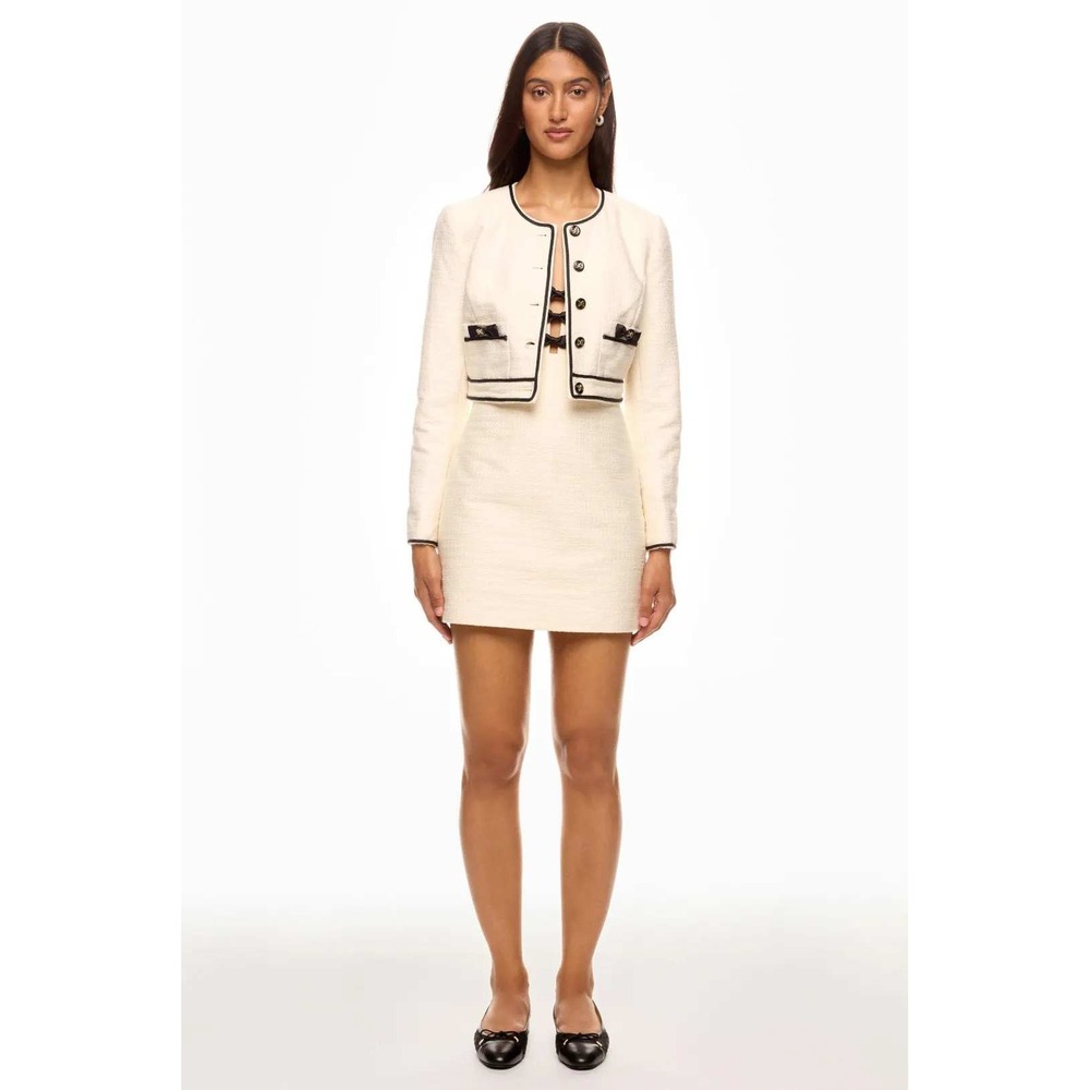 LoveShackFancy Cream Tweed Cropped Jacket with Black Bows and Trim Size 6